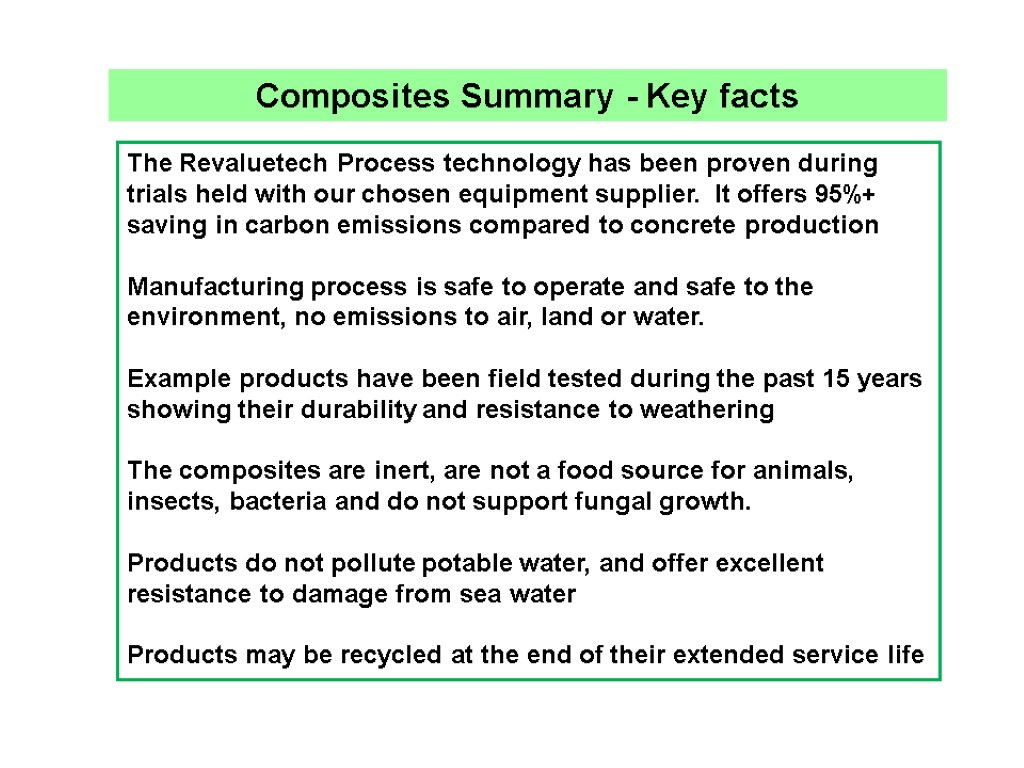Composites Summary - Key facts The Revaluetech Process technology has been proven during trials